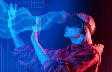 A person wearing a VR headset is interacting with digital waves